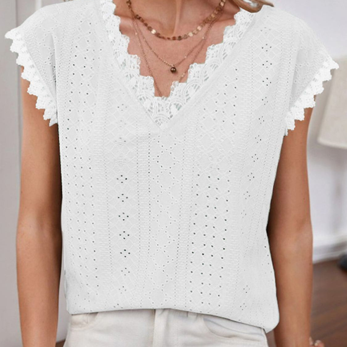 V-Neck Eyelet Short Sleeve Top - Guy Christopher 