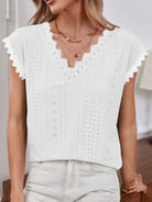 V-Neck Eyelet Short Sleeve Top - Guy Christopher 