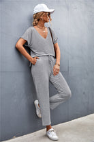 V-Neck Short Sleeve T-Shirt and Drawstring Waist Pants Set - Guy Christopher 