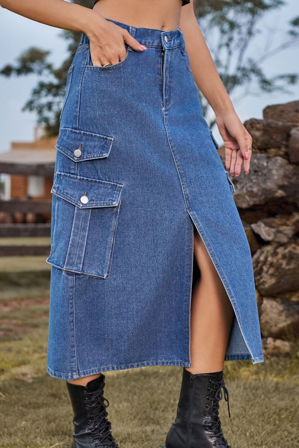 Slit Front Midi Denim Skirt with Pockets - Guy Christopher 