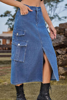 Slit Front Midi Denim Skirt with Pockets - Guy Christopher 