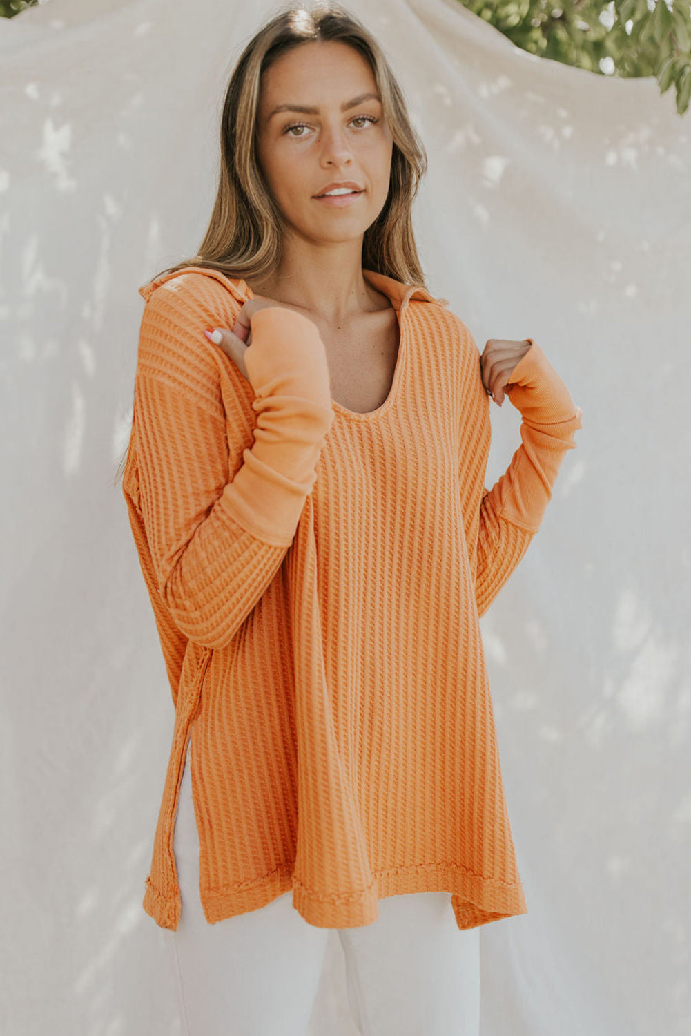 Waffle-Knit Slit Drop Shoulder Top - Guy Christopher 