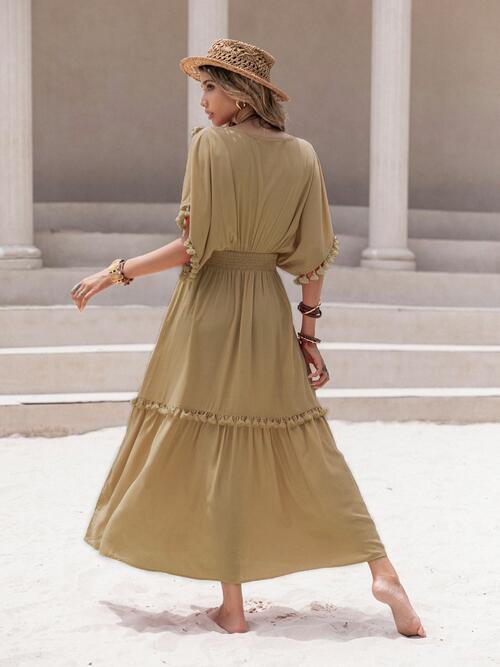 Tassel Trim Smocked V-Neck Short Sleeve Dress - Guy Christopher 