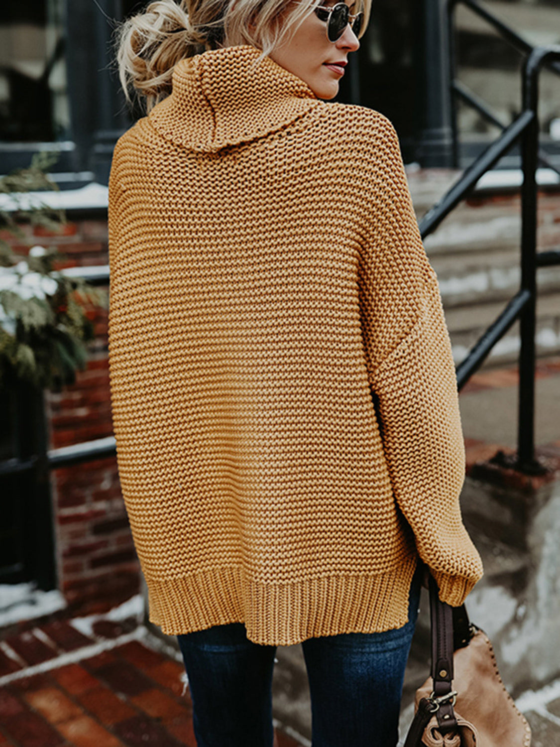 Turtleneck Dropped Shoulder Slit Sweater - Guy Christopher 