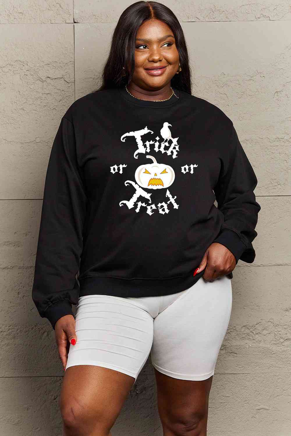 Simply Love Full Size TRICK OR TREAT Graphic Sweatshirt - Guy Christopher 