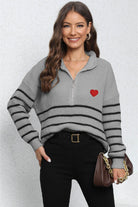 Striped Zip-Up Long Sleeve Ribbed Sweater - Guy Christopher 