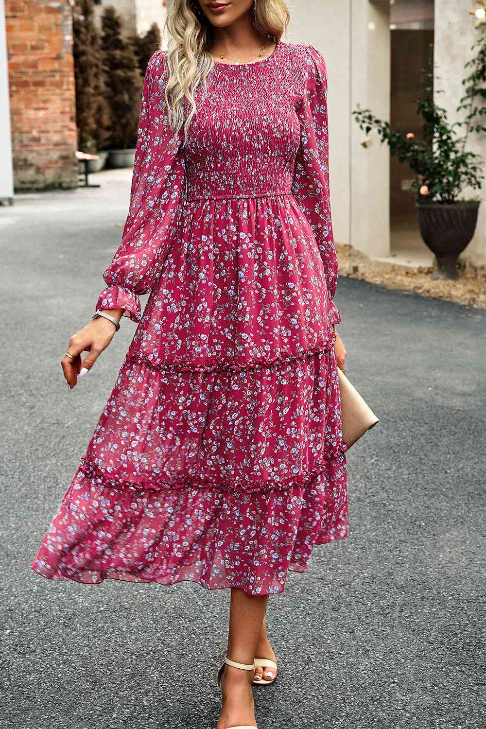 Smocked Flounce Sleeve Midi Dress - Guy Christopher 