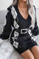 Geometric V-Neck Long Sleeve Sweater Dress - Guy Christopher 