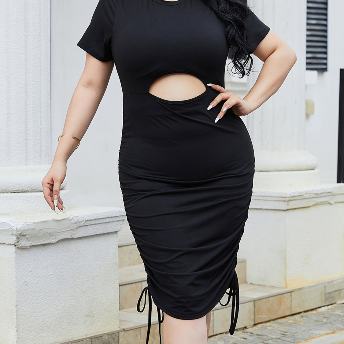 Plus Size Cutout Ruched Round Neck Short Sleeve Dress
