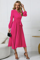 V-Neck Long Sleeve Tie Waist Midi Dress - Guy Christopher 