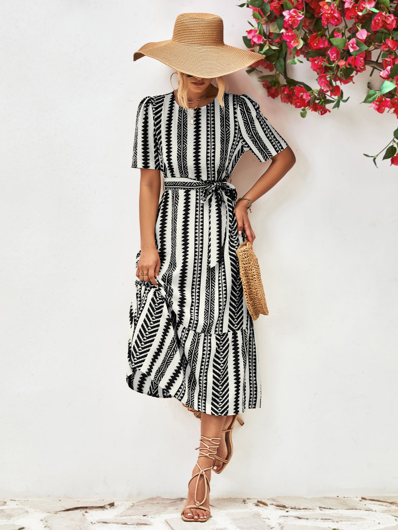 Striped Tie Belt Round Neck Puff Sleeve Dress - Guy Christopher 