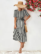 Striped Tie Belt Round Neck Puff Sleeve Dress - Guy Christopher 