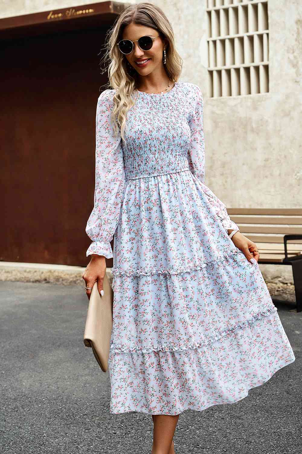 Smocked Flounce Sleeve Midi Dress - Guy Christopher 