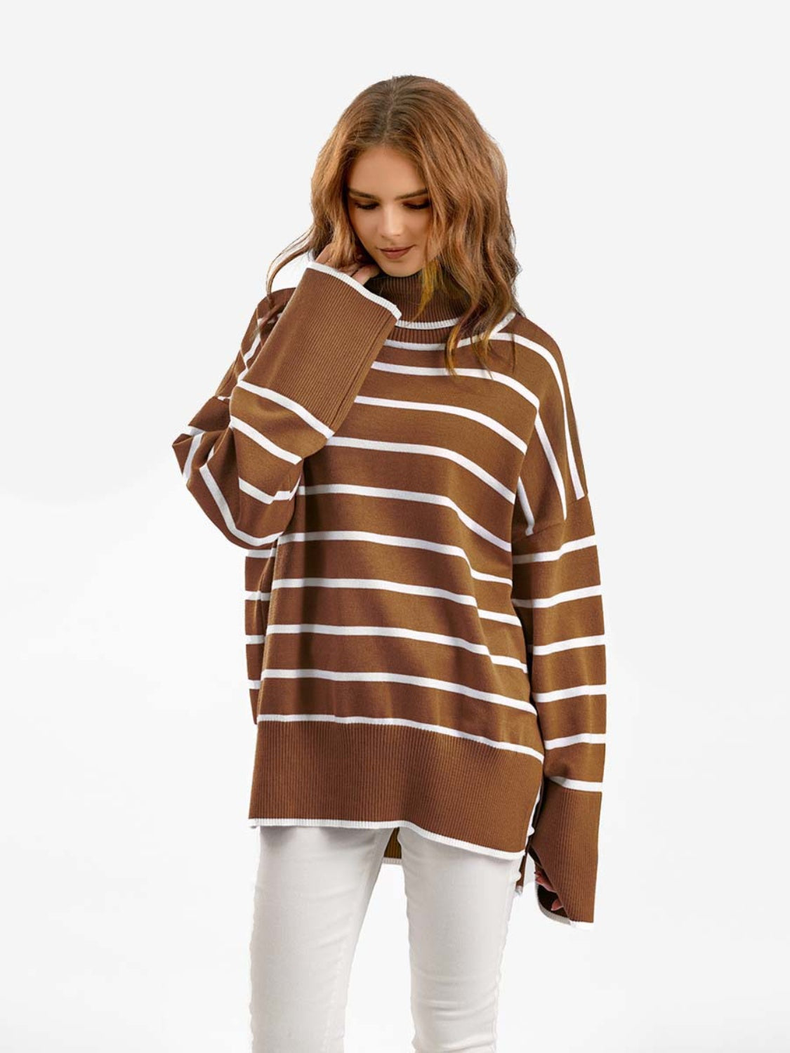 Striped Drop Shoulder Turtleneck Sweater - Guy Christopher 