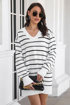 Striped V-Neck Sweater Dress - Guy Christopher 