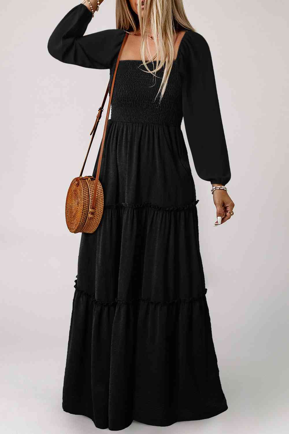 Square Neck Long Sleeve Tiered Dress - Guy Christopher 