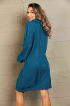 Woven Right Mixed Knit Turtleneck Lantern Sleeve Sweater Dress - Guy Christopher 