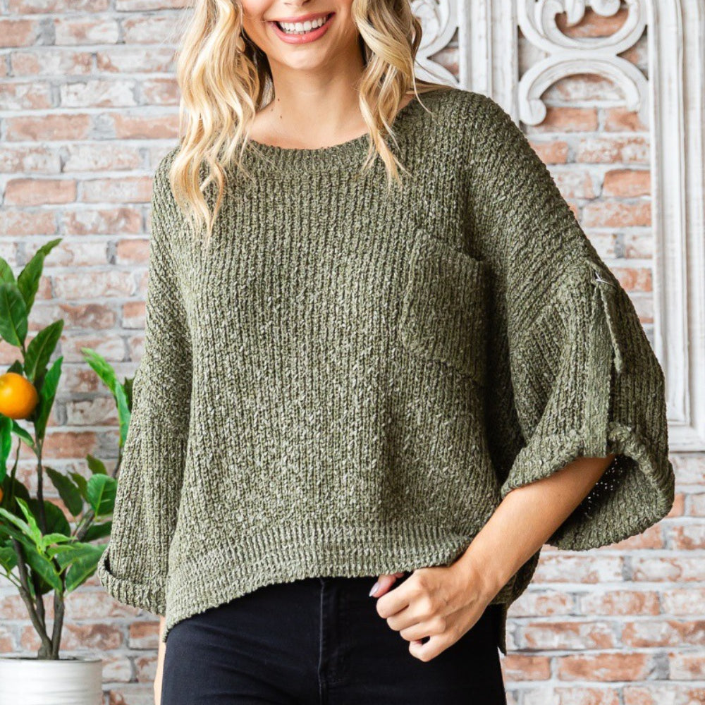 Veveret Round Neck Roll-Up Sweater