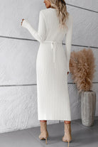 V-Neck Long Sleeve Ribbed Sweater Dress - Guy Christopher 