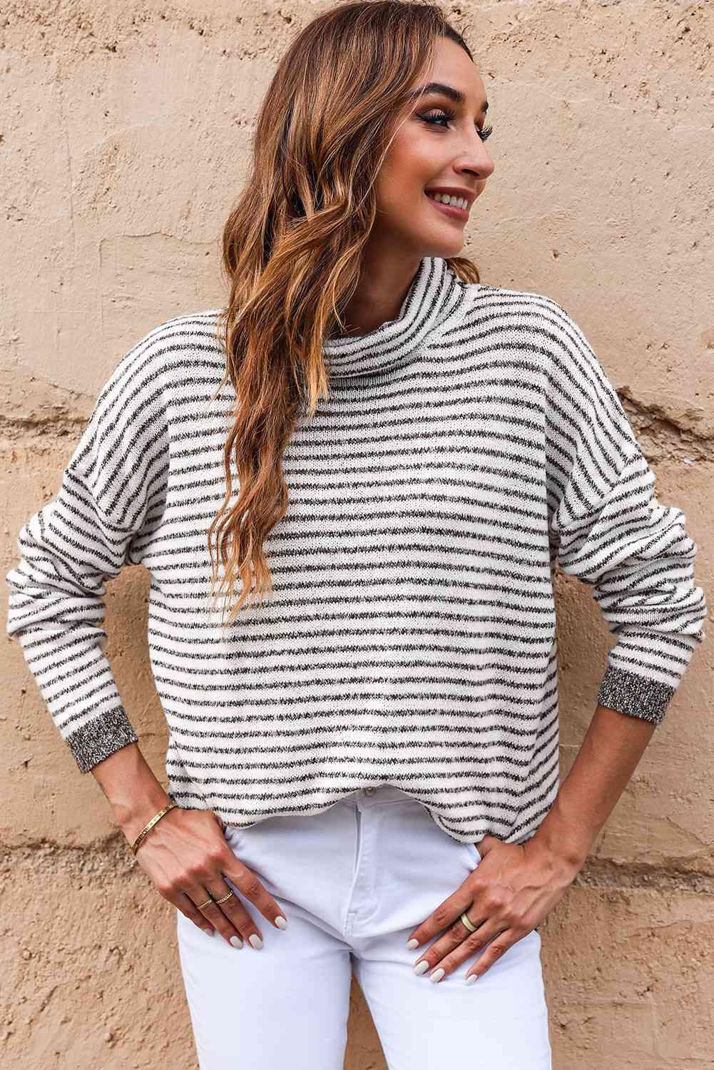 Striped Drop Shoulder Turtleneck Sweater - Guy Christopher 