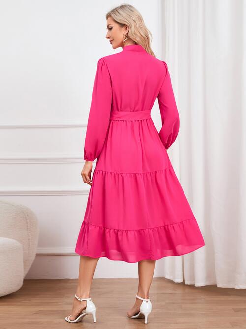 Tie Neck Long Sleeve Tiered Dress - Guy Christopher 