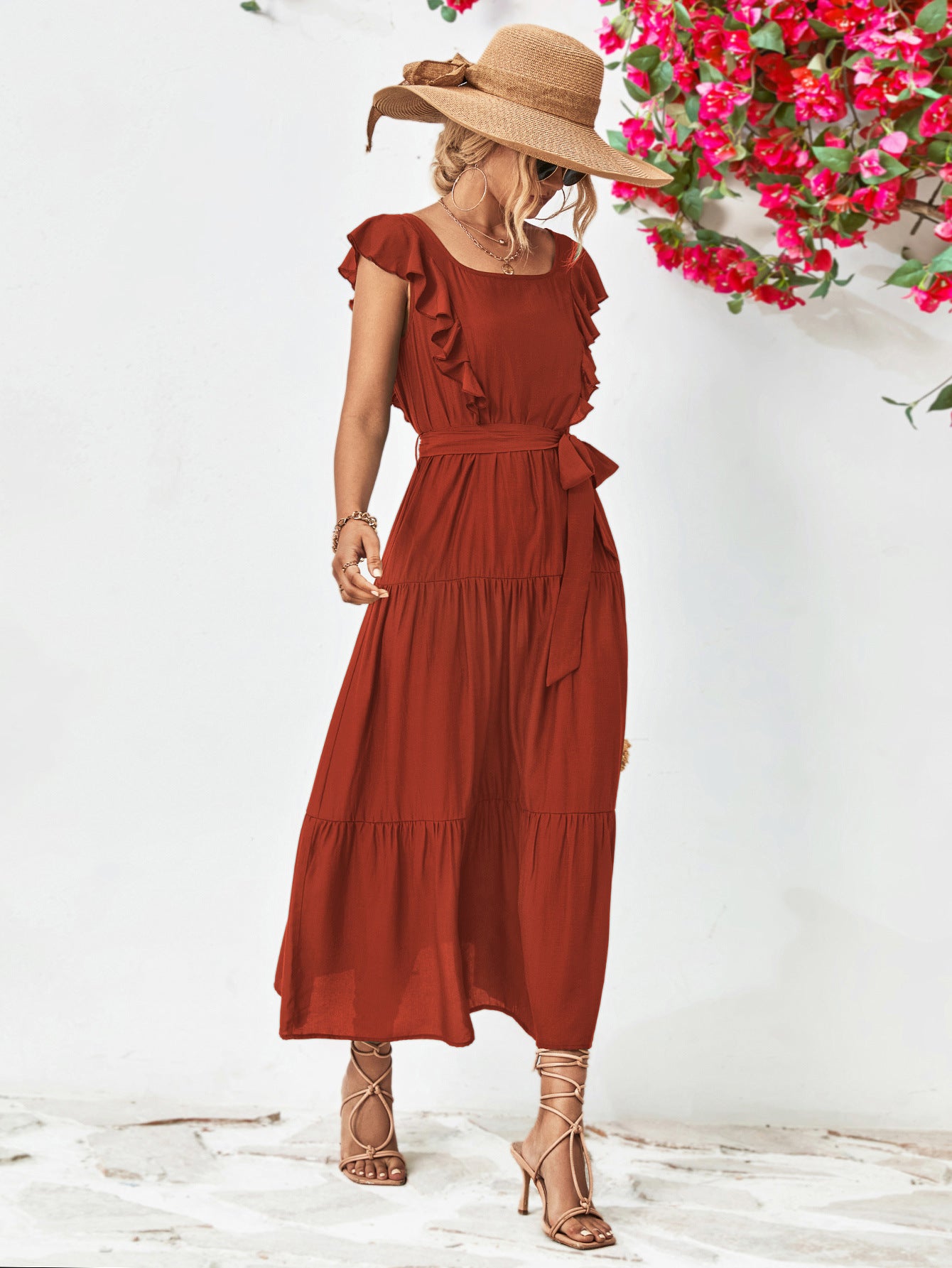 Tie Belt Ruffled Tiered Dress - Guy Christopher 