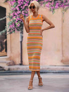 Striped Round Neck Sleeveless Midi Cover Up Dress - Guy Christopher 