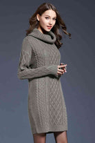 Woven Right Full Size Mixed Knit Cowl Neck Dropped Shoulder Sweater Dress - Guy Christopher 