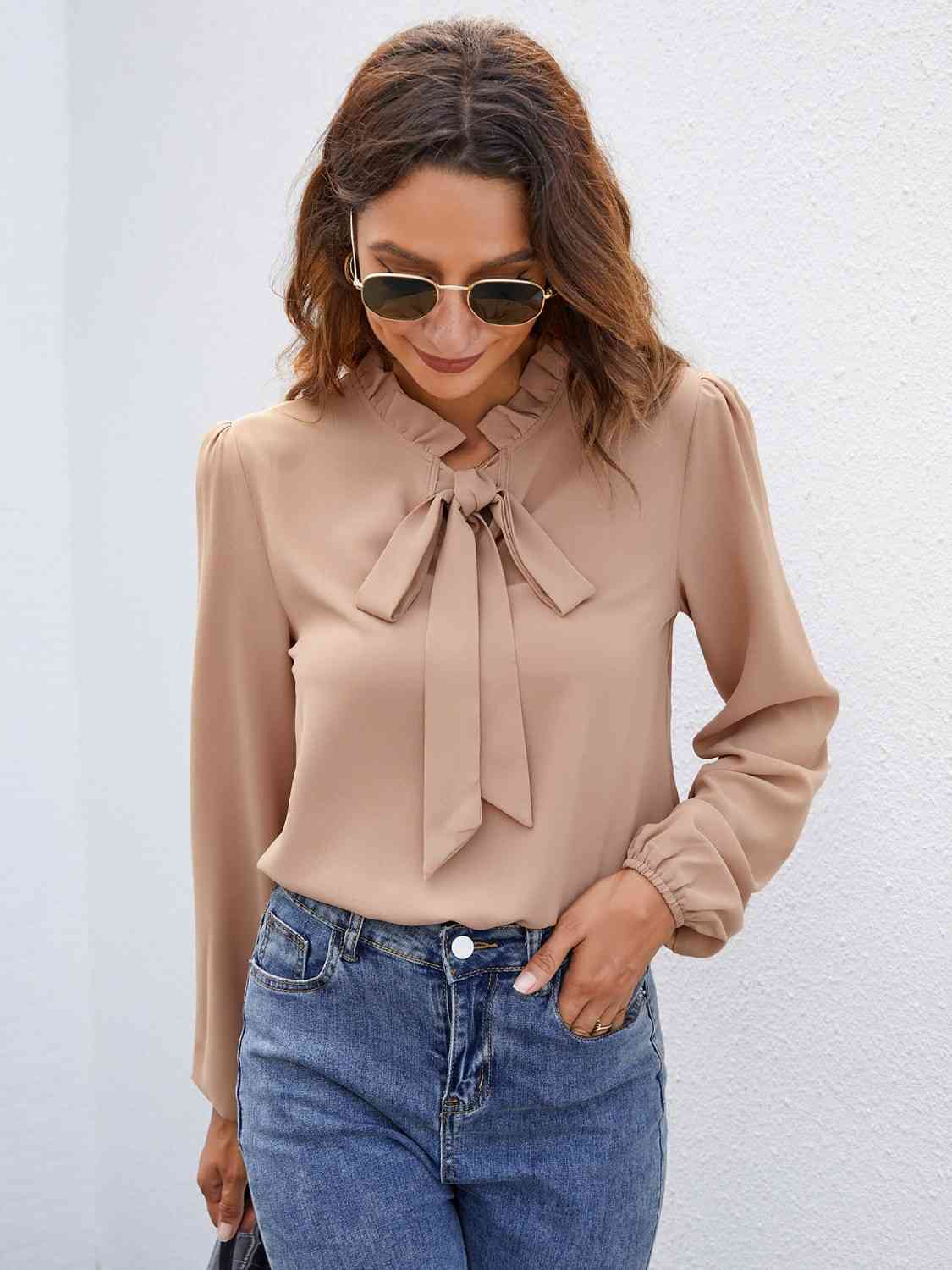 Tie Neck Puff Sleeve Blouse - Guy Christopher 