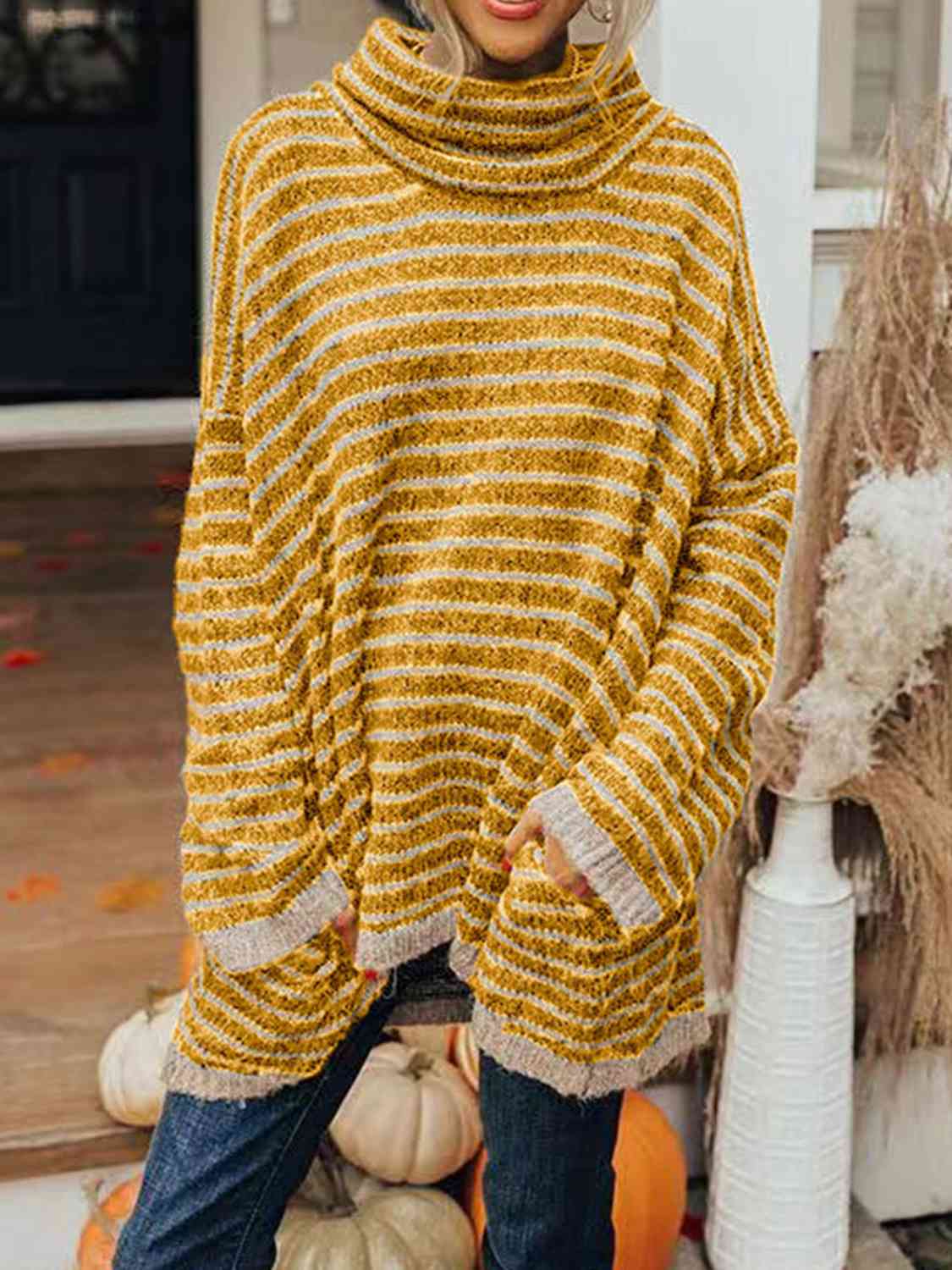 Striped Turtleneck Sweater with Pockets - Guy Christopher 