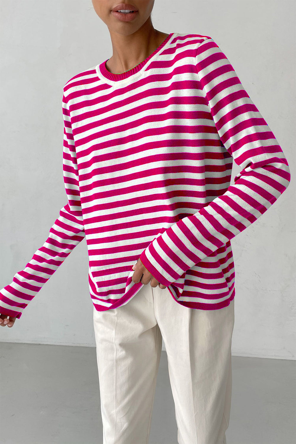 Striped Round Neck Long Sleeve Sweater - Guy Christopher 