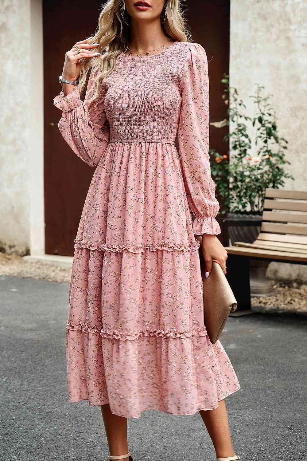 Smocked Flounce Sleeve Midi Dress - Guy Christopher 