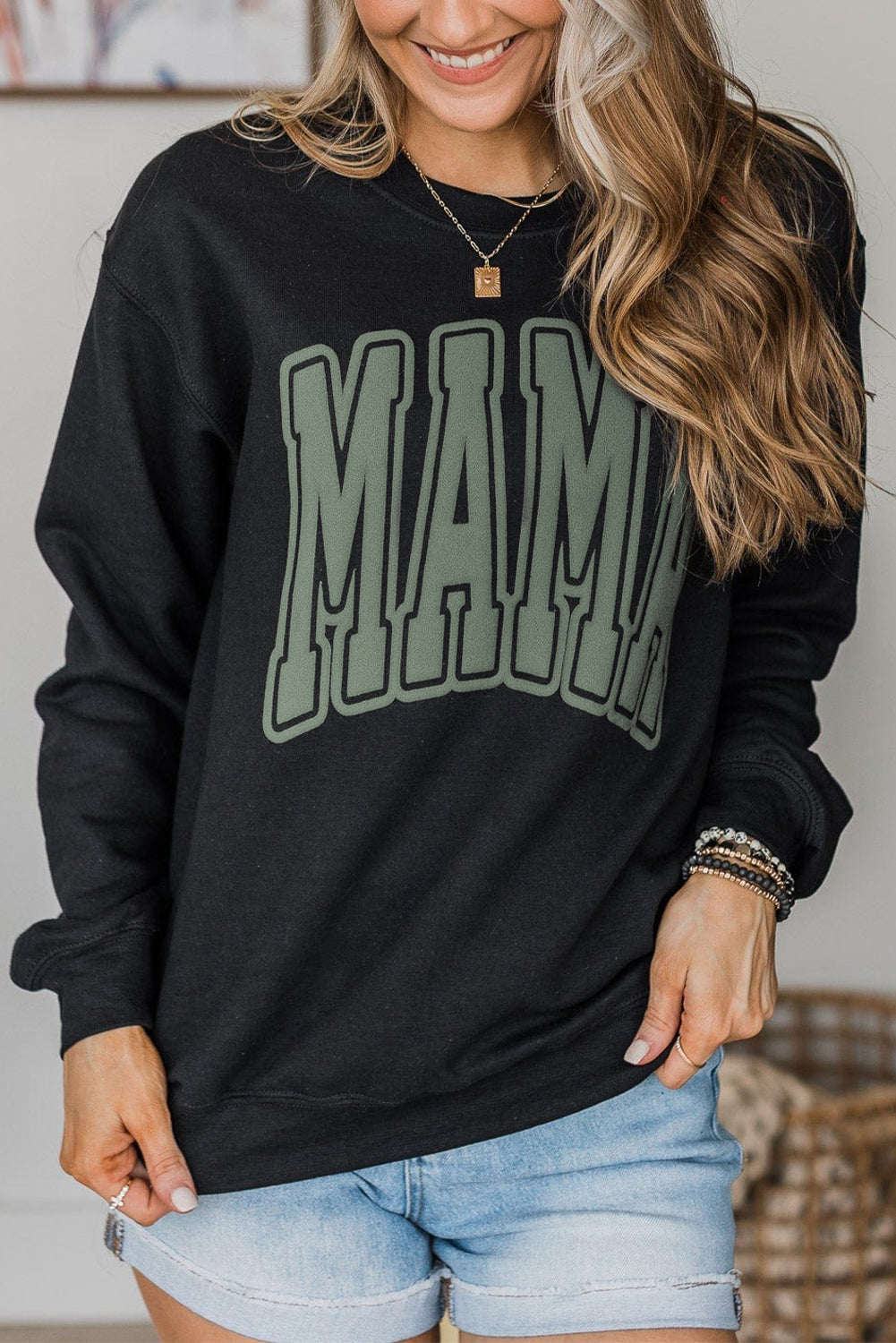 Round Neck Long Sleeve MAMA Graphic Sweatshirt - Guy Christopher 