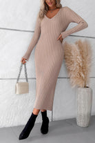 V-Neck Long Sleeve Ribbed Sweater Dress - Guy Christopher 