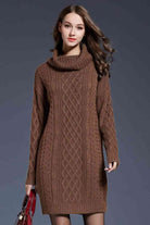 Woven Right Full Size Mixed Knit Cowl Neck Dropped Shoulder Sweater Dress - Guy Christopher 