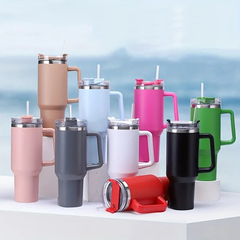 1200ML 304 Stainless Steel Insulated Water Bottle,Thermal Coffee Car Cup, Cold Hot Mugs Vacuum Flask with Handle Straw,For Sport