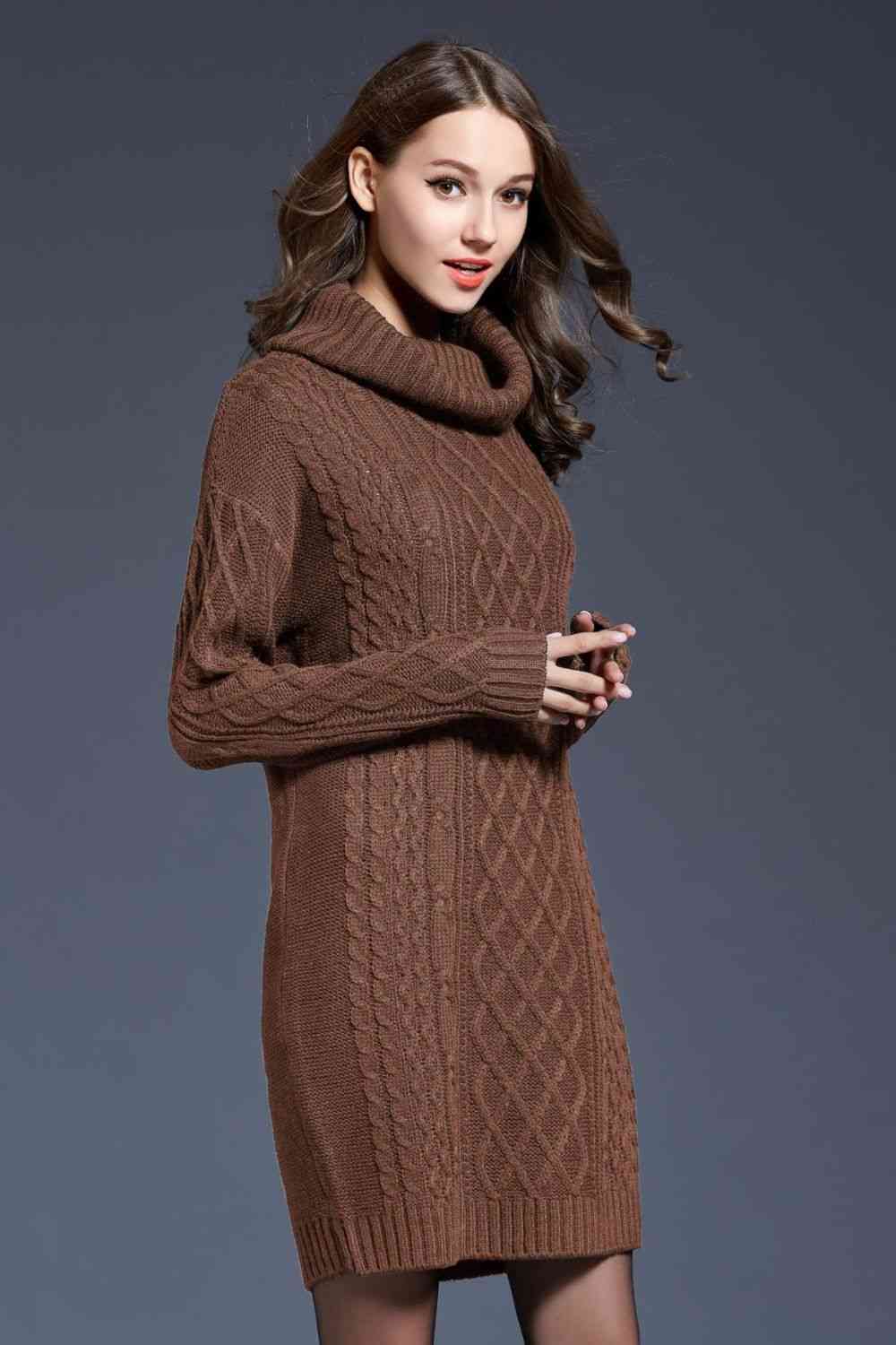 Woven Right Full Size Mixed Knit Cowl Neck Dropped Shoulder Sweater Dress - Guy Christopher 