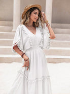 Tassel Trim Smocked V-Neck Short Sleeve Dress - Guy Christopher 