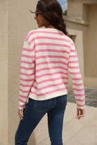 Striped Round Neck Button-Down Dropped Shoulder Cardigan - Guy Christopher 