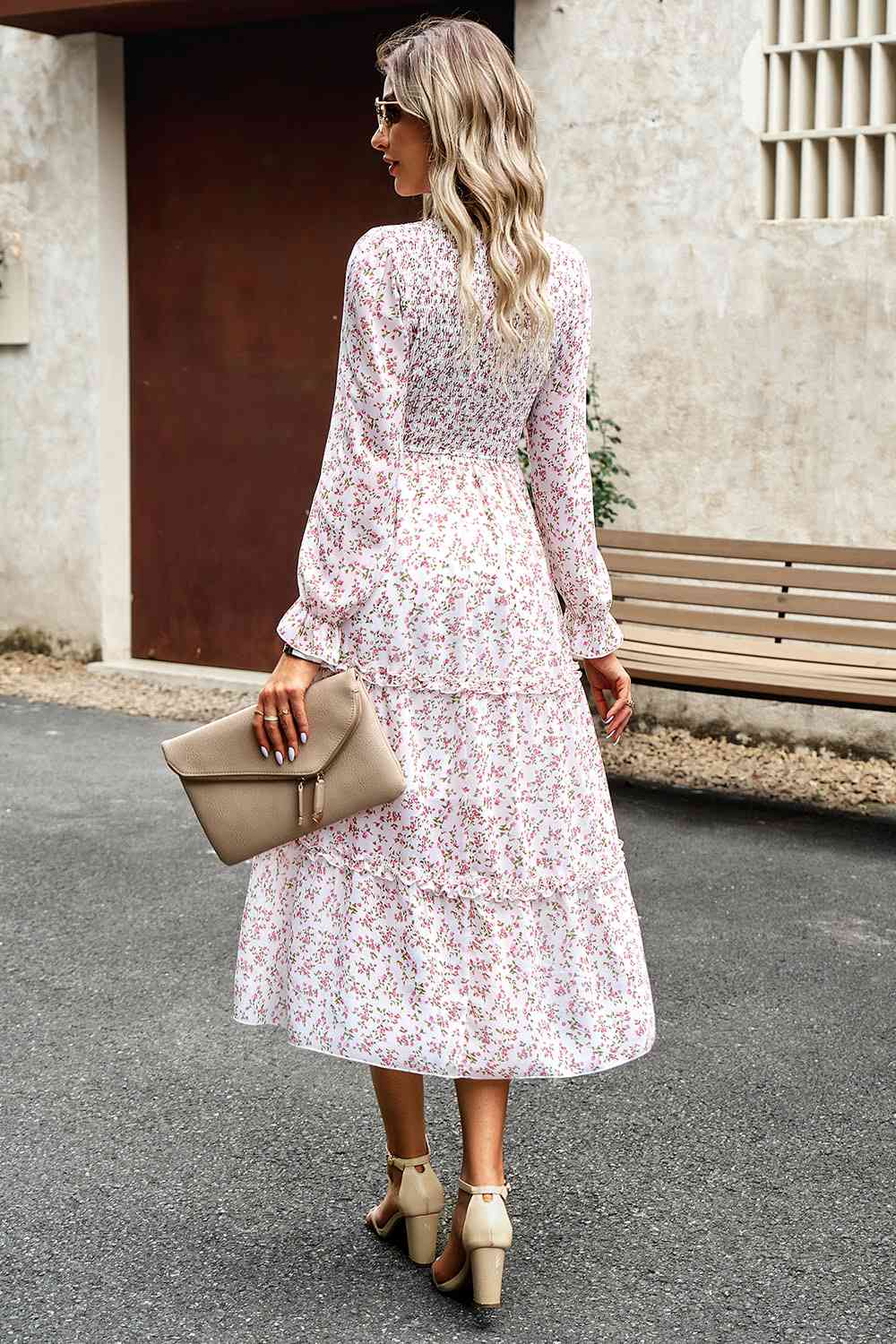 Smocked Flounce Sleeve Midi Dress - Guy Christopher 