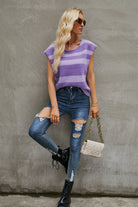 Striped Round Neck Cap Sleeve Knit Top - Guy Christopher 