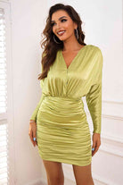 Open Back Ruched Long Sleeve Dress - Guy Christopher 