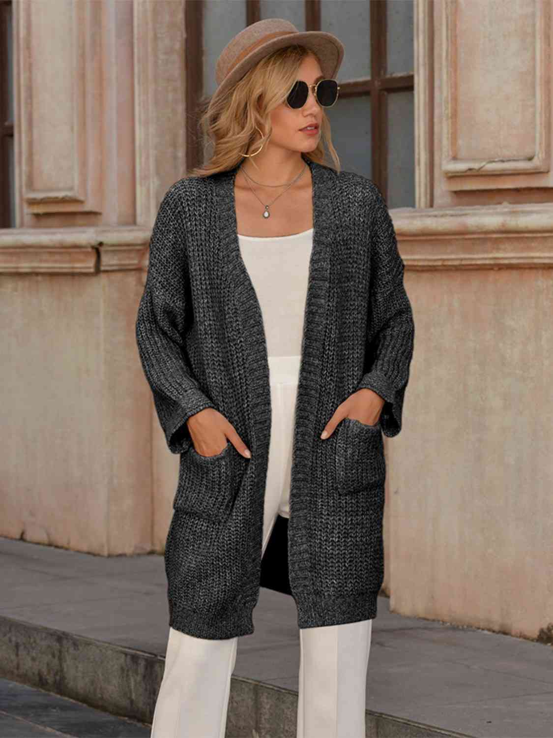 Open Front Long Sleeve Cardigan with Pockets - Guy Christopher 