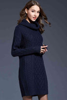 Woven Right Full Size Mixed Knit Cowl Neck Dropped Shoulder Sweater Dress - Guy Christopher 