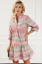 Tiered Notched Balloon Sleeve Buttoned Dress - Guy Christopher 