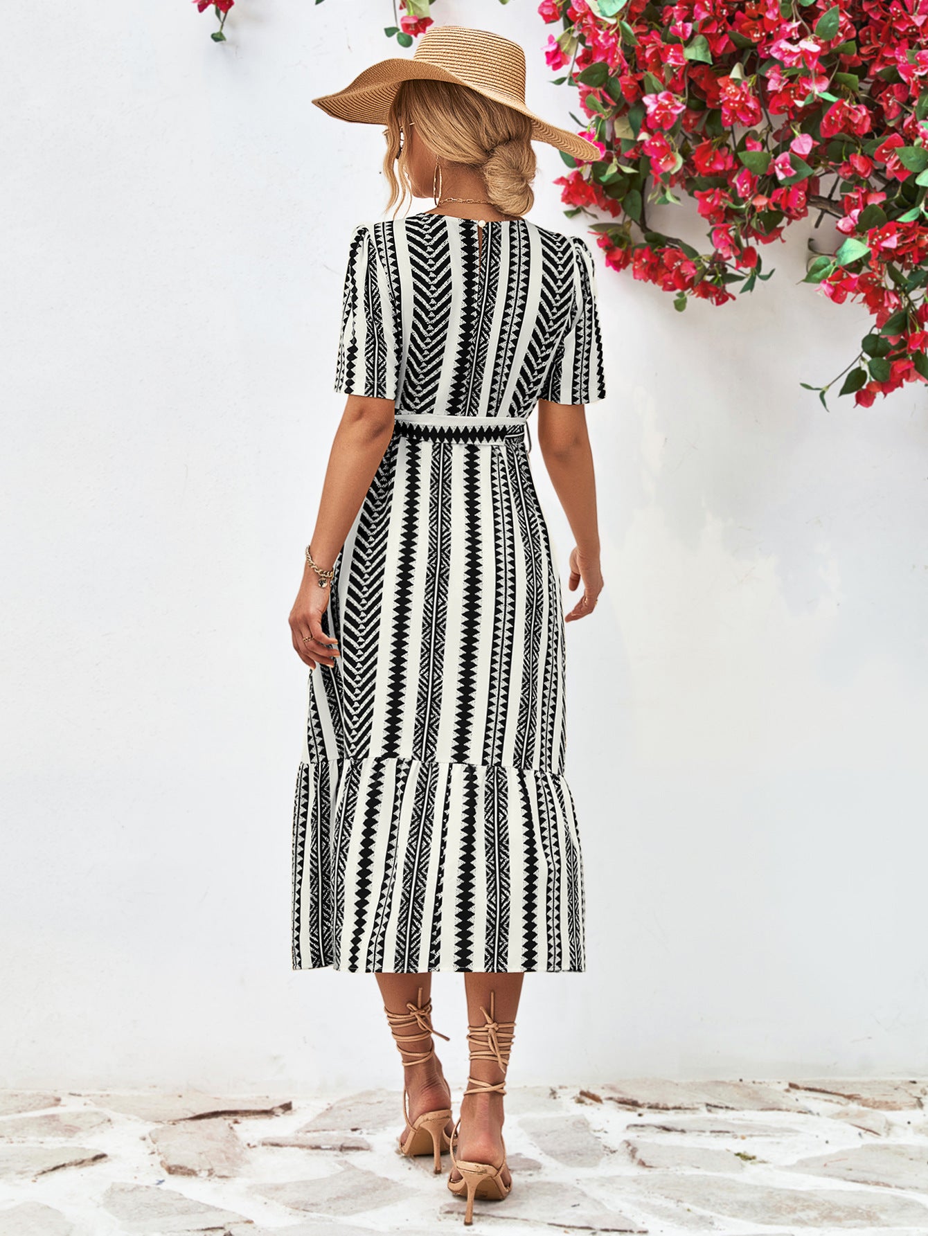 Striped Tie Belt Round Neck Puff Sleeve Dress - Guy Christopher 