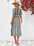 Striped Tie Belt Round Neck Puff Sleeve Dress - Guy Christopher 