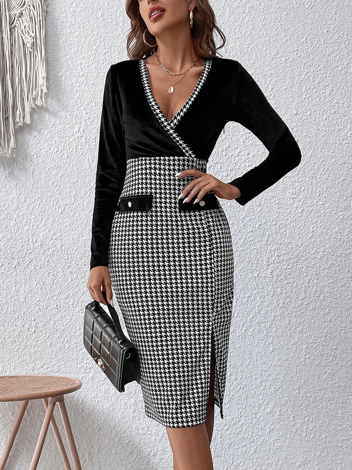 Surplice Neck Houndstooth Dress - Guy Christopher 