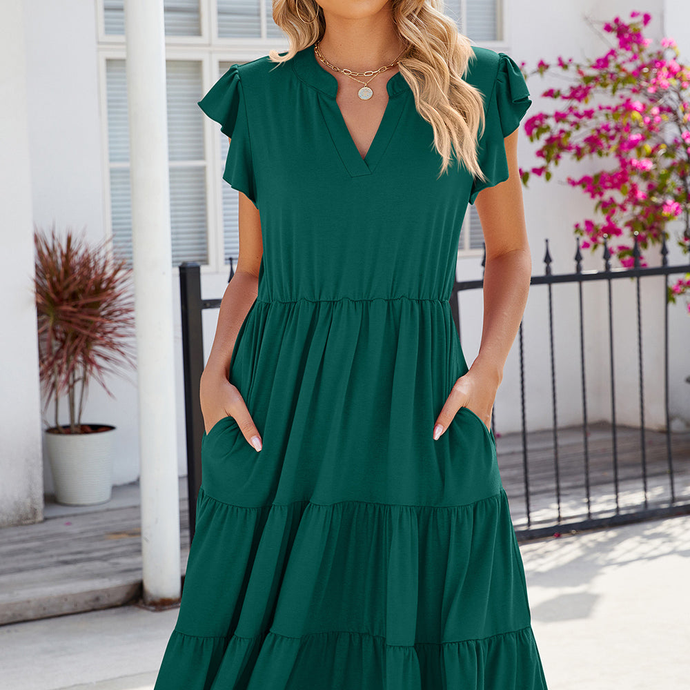 Ruched Notched Cap Sleeve Dress