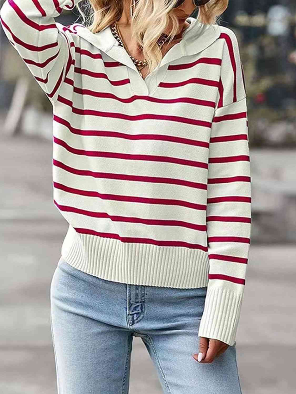 Striped Collared Neck Knit Top - Guy Christopher 